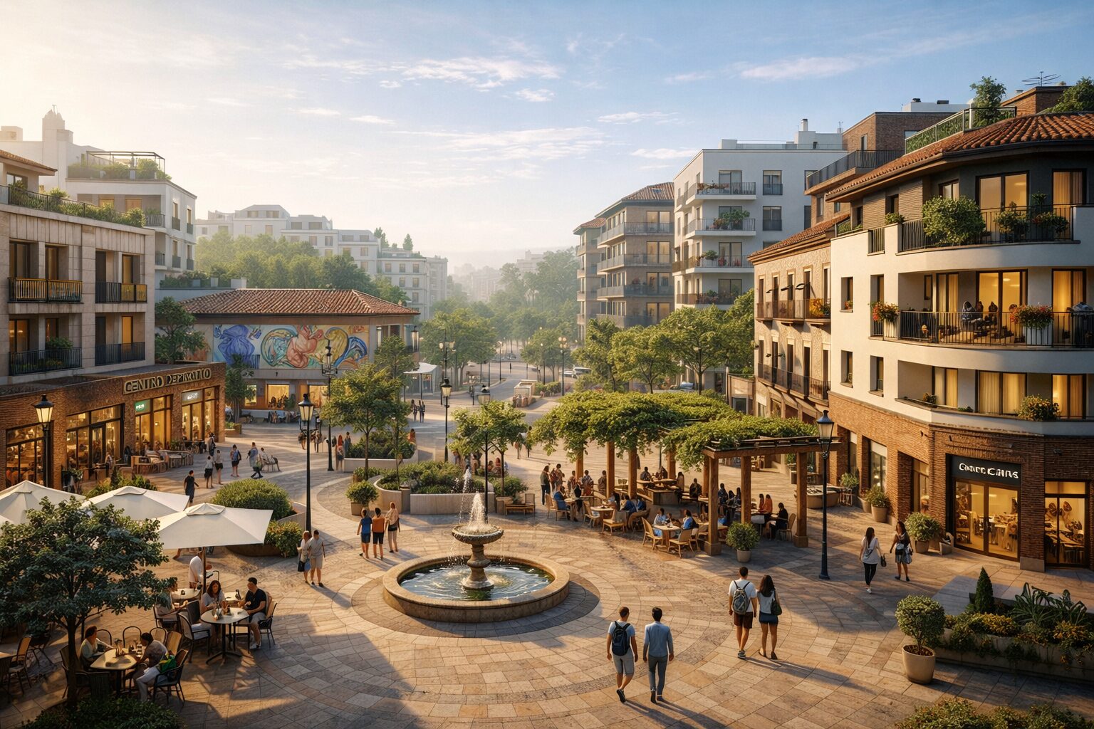 Ilustración de un parque residencial y vivienda en Madrid.