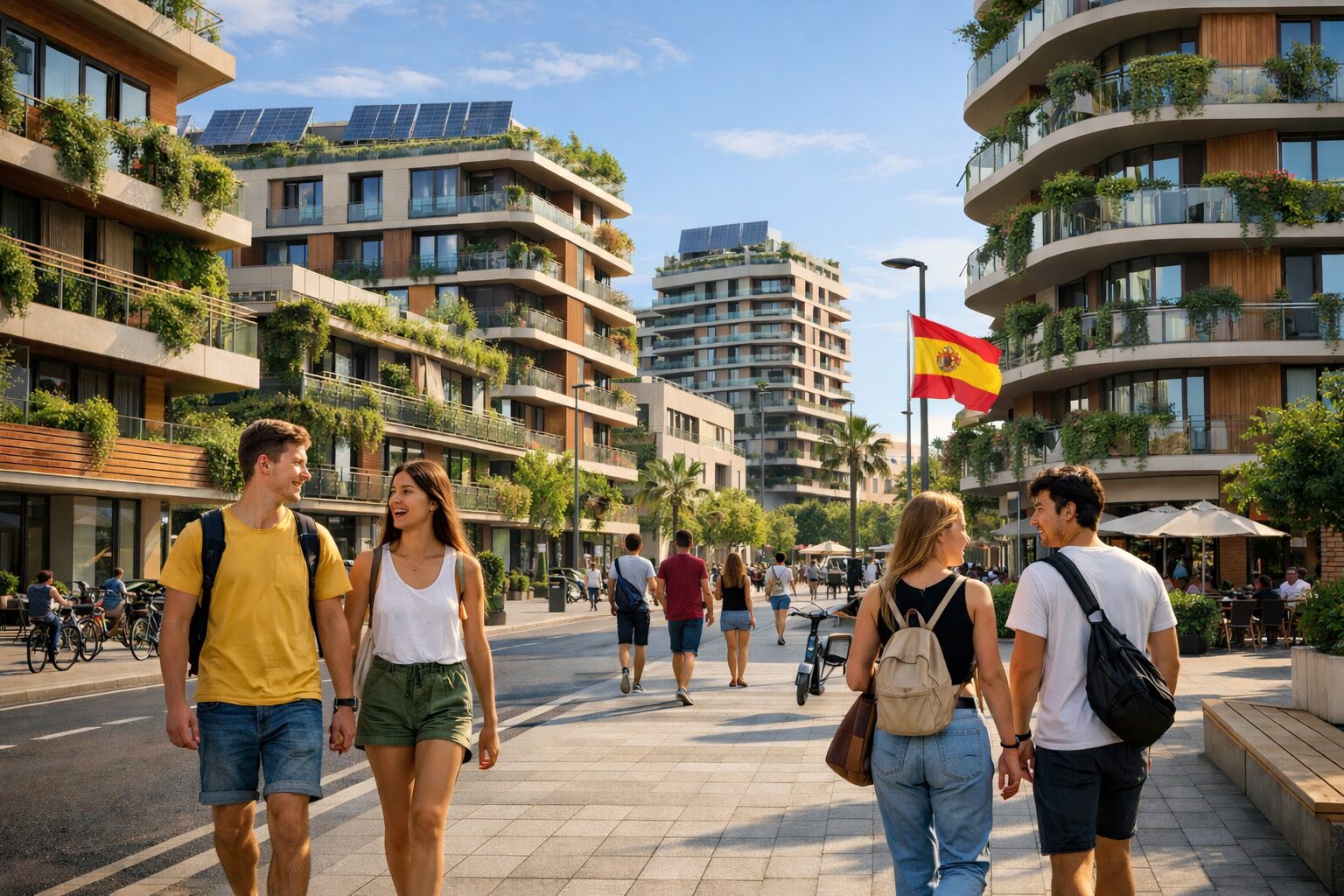 Escena urbana contemporánea en España con vivienda moderna y sostenible.