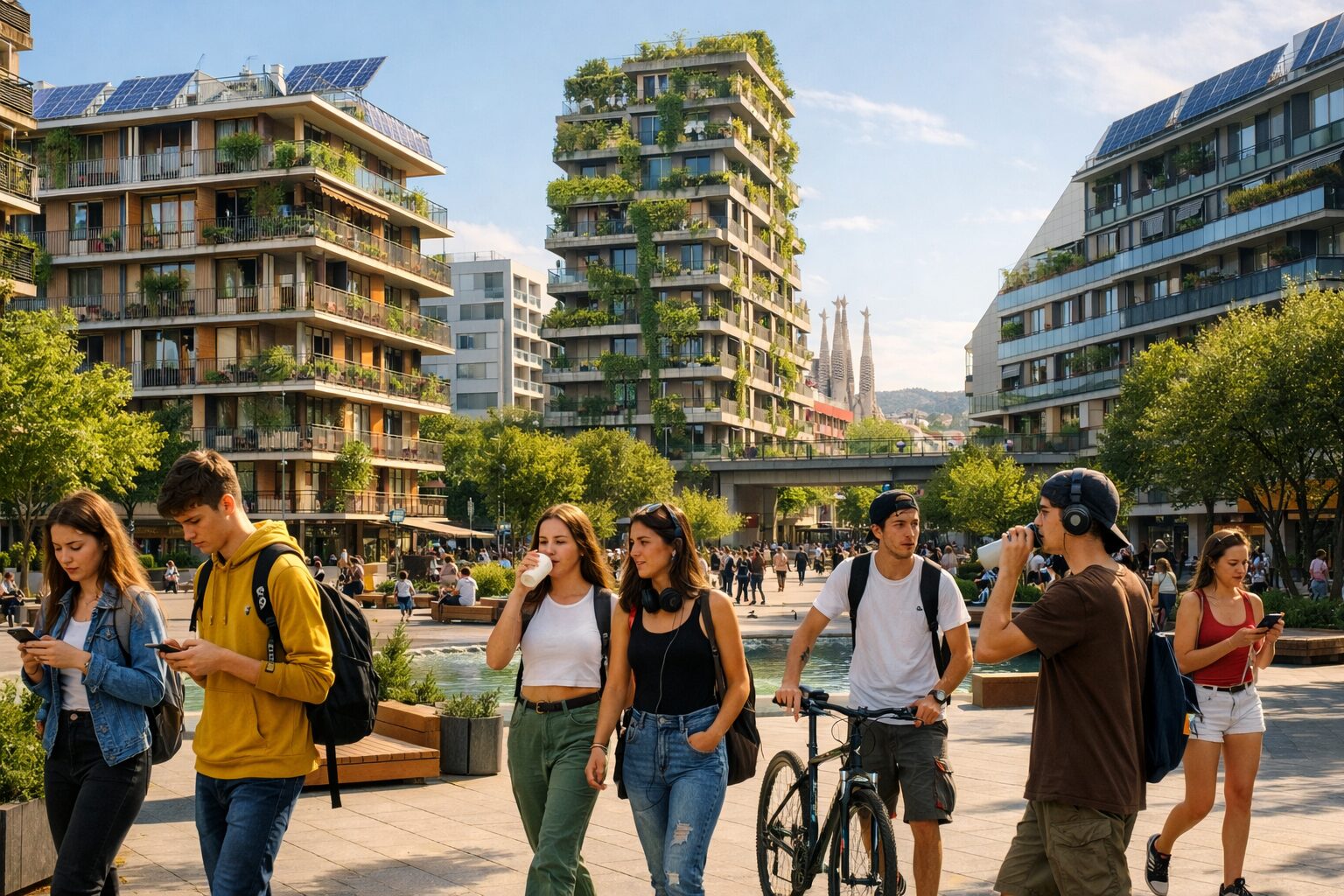 Promoción de vivienda asequible en Cataluña con edificios urbanos y jóvenes en un entorno sostenible.