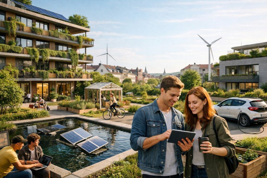 Escena urbana contemporánea con vivienda sostenible y jóvenes profesionales.