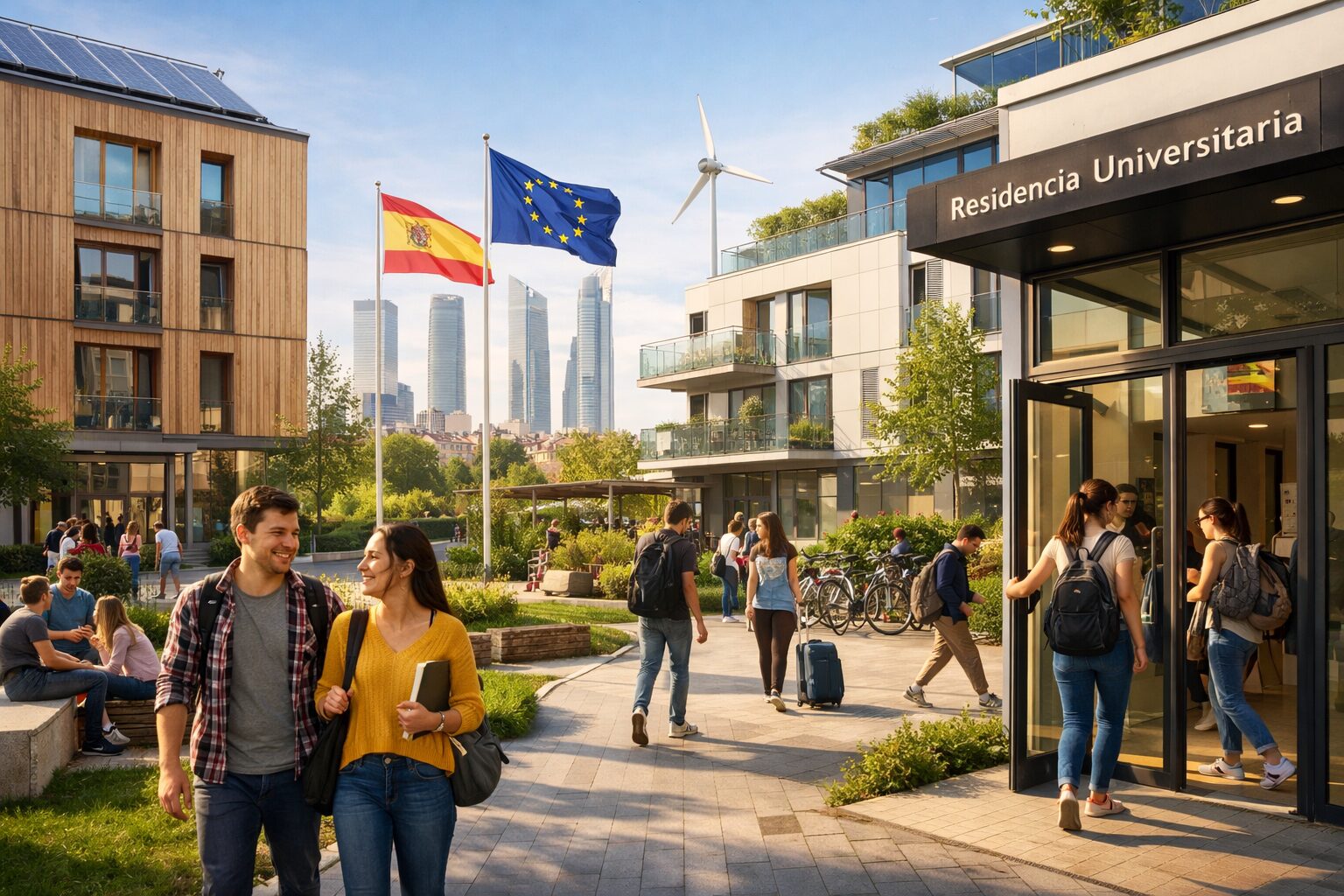 Escena urbana contemporánea en la Madrid de Ayuso con residencias universitarias modernas, jóvenes estudiantes entrando y saliendo de edificios sostenibles, elementos visuales que sugieren inversión social, acceso a la vivienda, innovación y conexión con el entorno europeo.