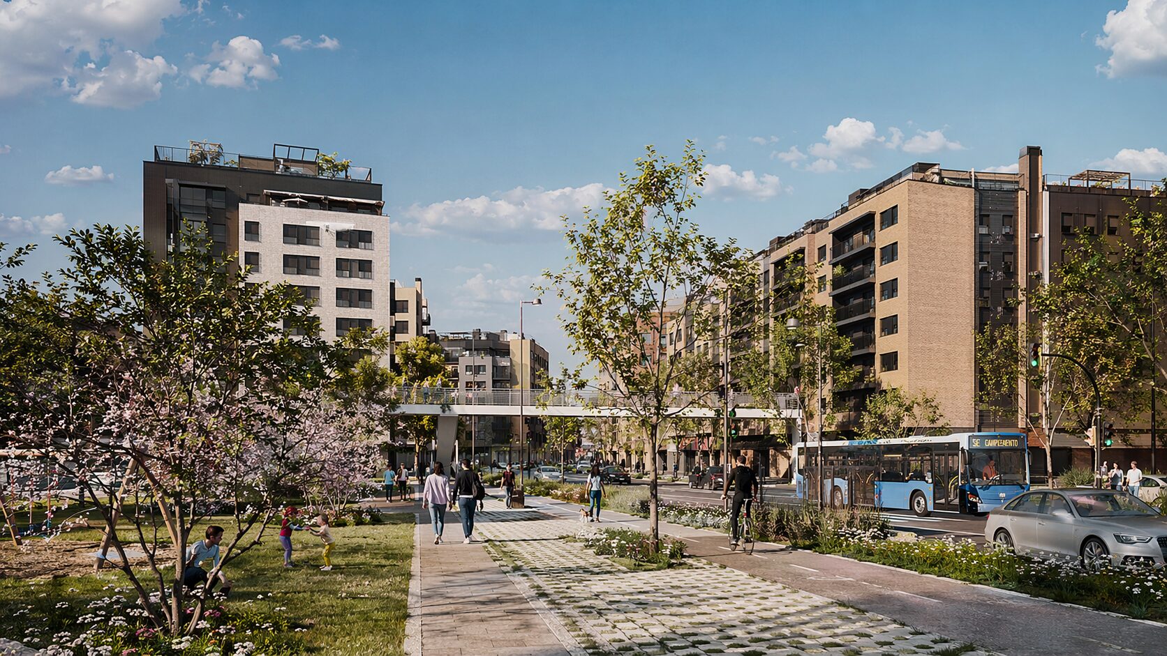Nuevo Barrio Campamento en Madrid con promoción de vivienda asequible, zonas verdes y nueva conexión urbana.