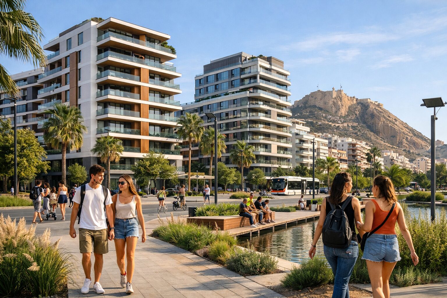 Escena urbana contemporánea de Alicante (España) con edificios residenciales de nueva construcción, zonas verdes y sostenibles. 