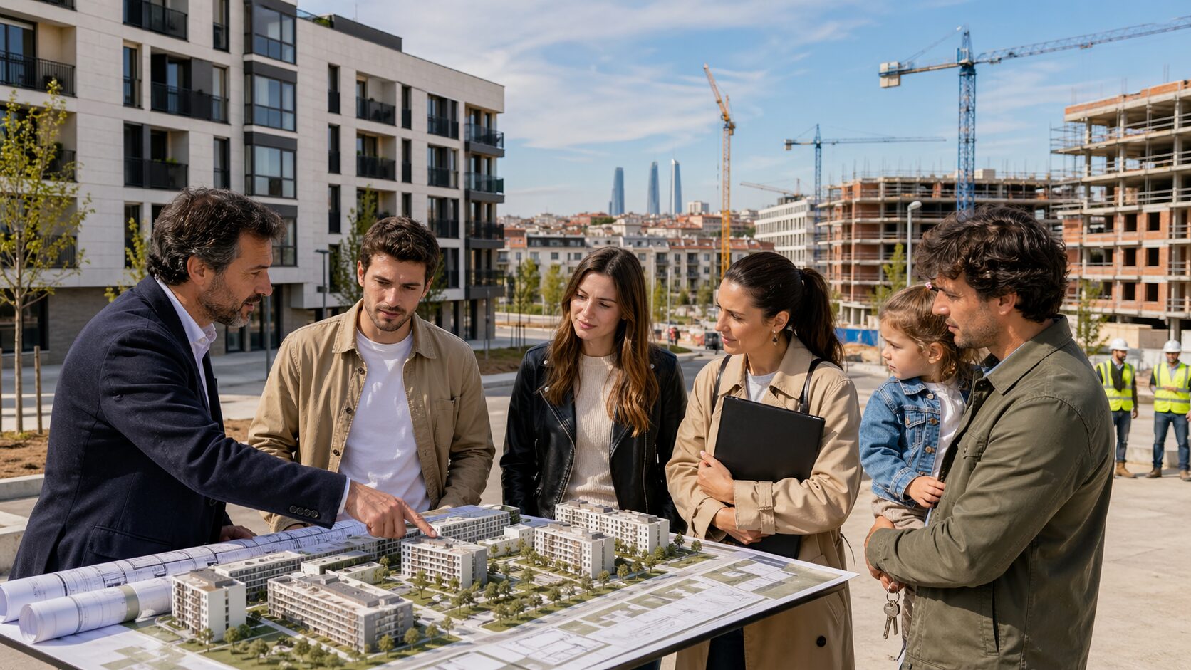 Promoción de vivienda protegida en Madrid para jóvenes y familias, con edificios sostenibles y entorno urbano moderno.
