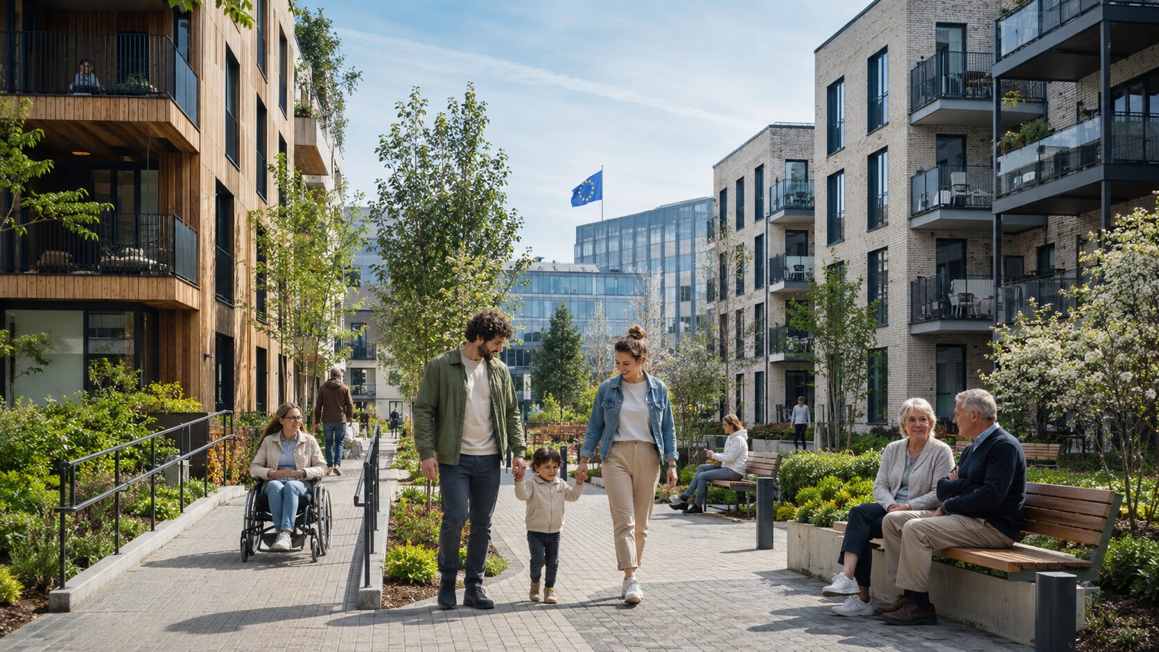 Vivienda social europea con edificios sostenibles, jóvenes y redes de inversión social.