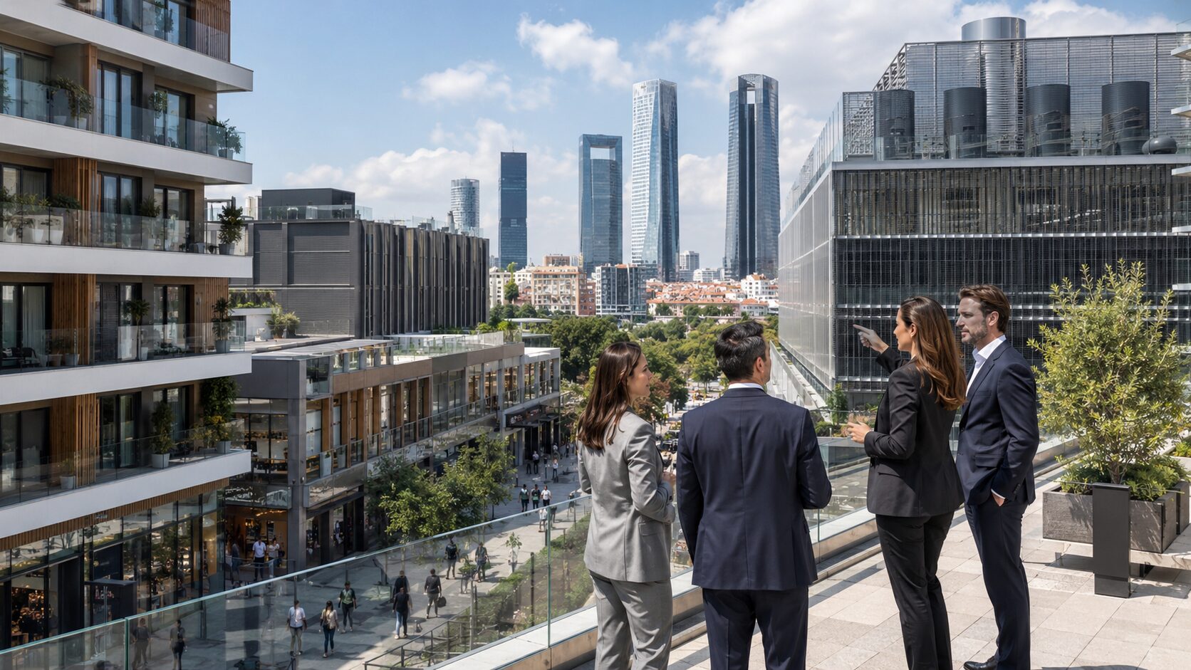 Vista urbana de edificios residenciales, jóvenes e inversión inmobiliaria sostenible en España.