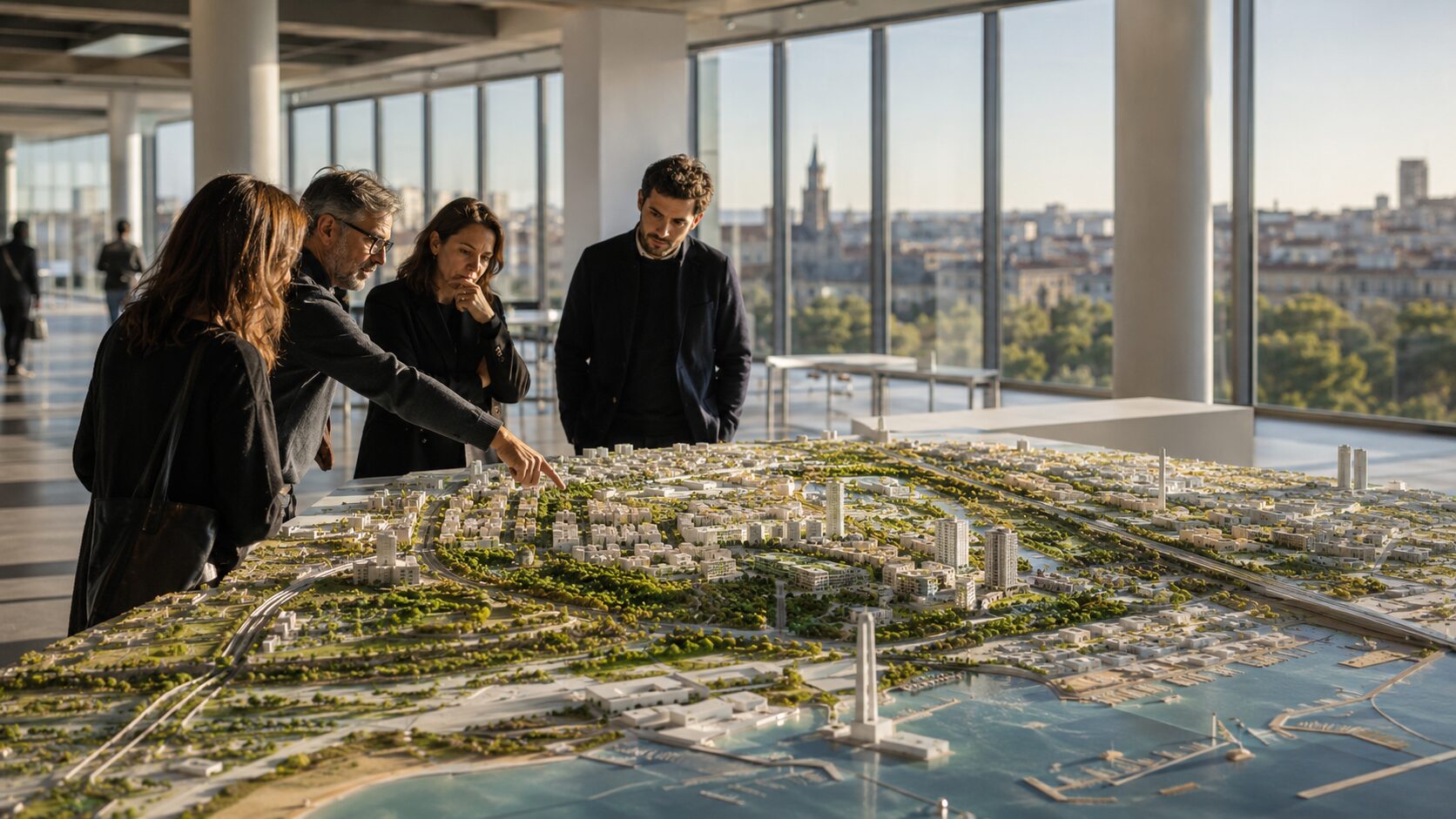 Vista futurista de Barcelona con edificios sostenibles, jóvenes y vivienda asequible.
