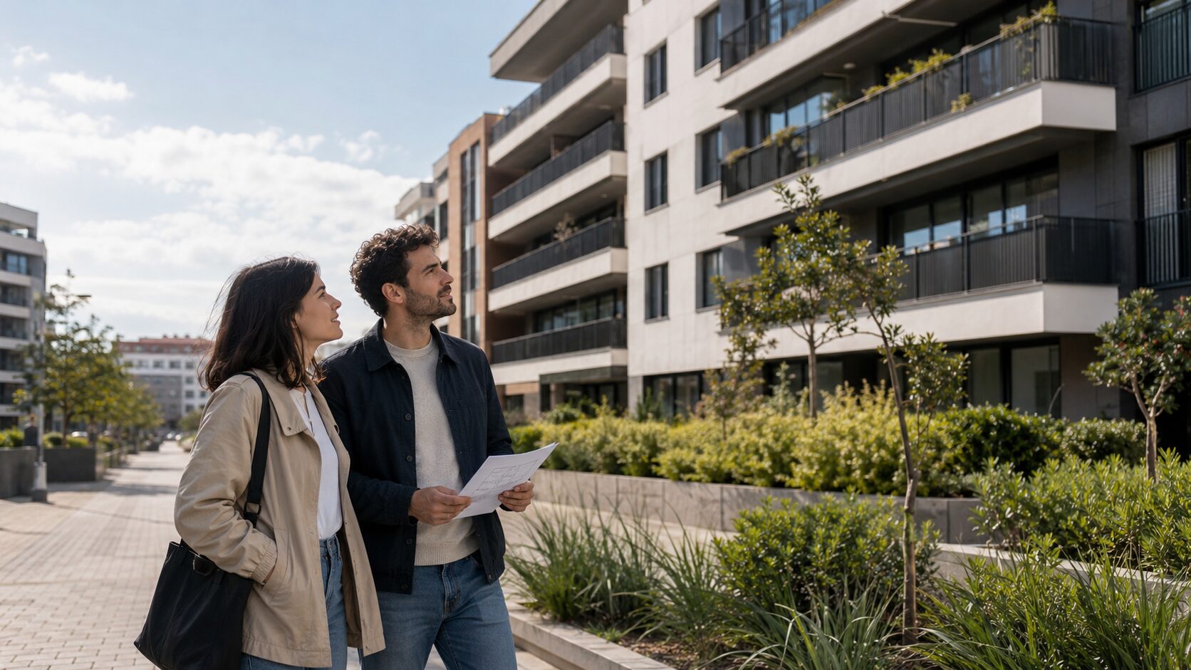 Jóvenes buscando vivienda en Madrid con edificios residenciales y conexiones urbanas sostenibles