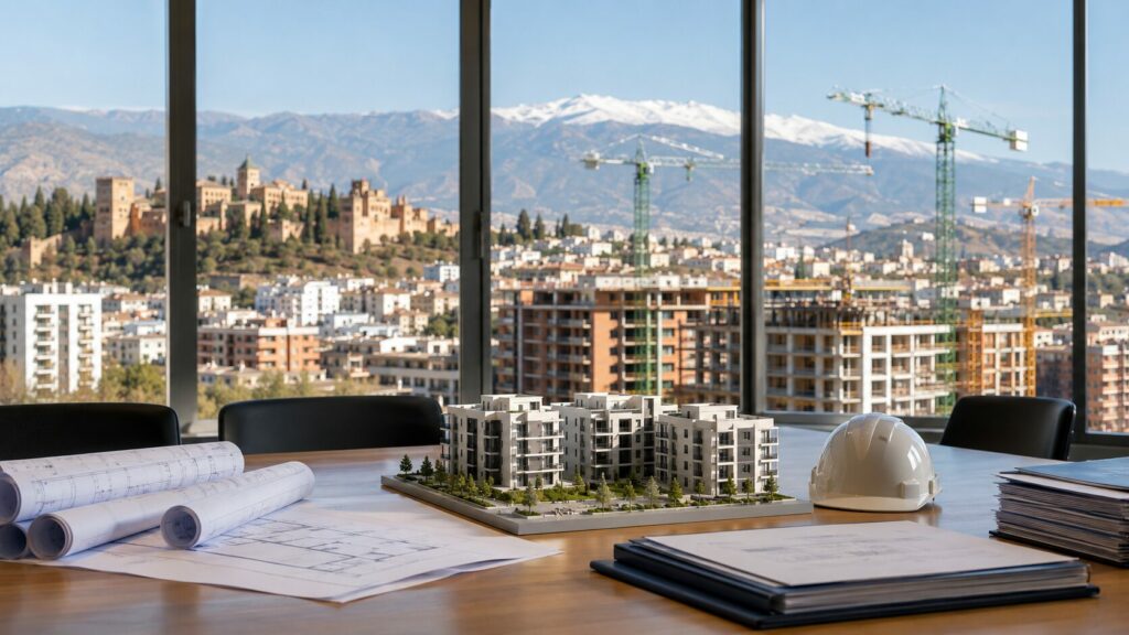 Vista urbana de Granada con edificios residenciales y enfoque en vivienda asequible