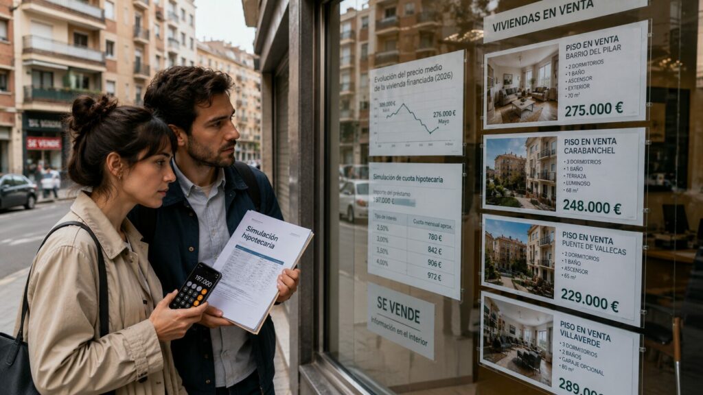 Jóvenes consultan ofertas de vivienda en una ciudad española con edificios residenciales al fondo